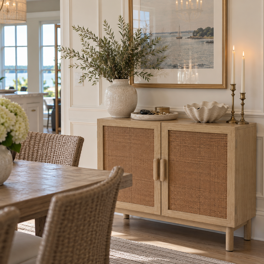 Coastal rattan storage cabinet with two woven-front doors and a light natural wood finish