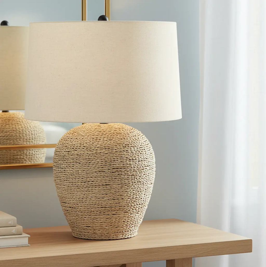 25" Coastal Table Lamp with Rattan Base & Linen Drum Shade HouseOfZazla