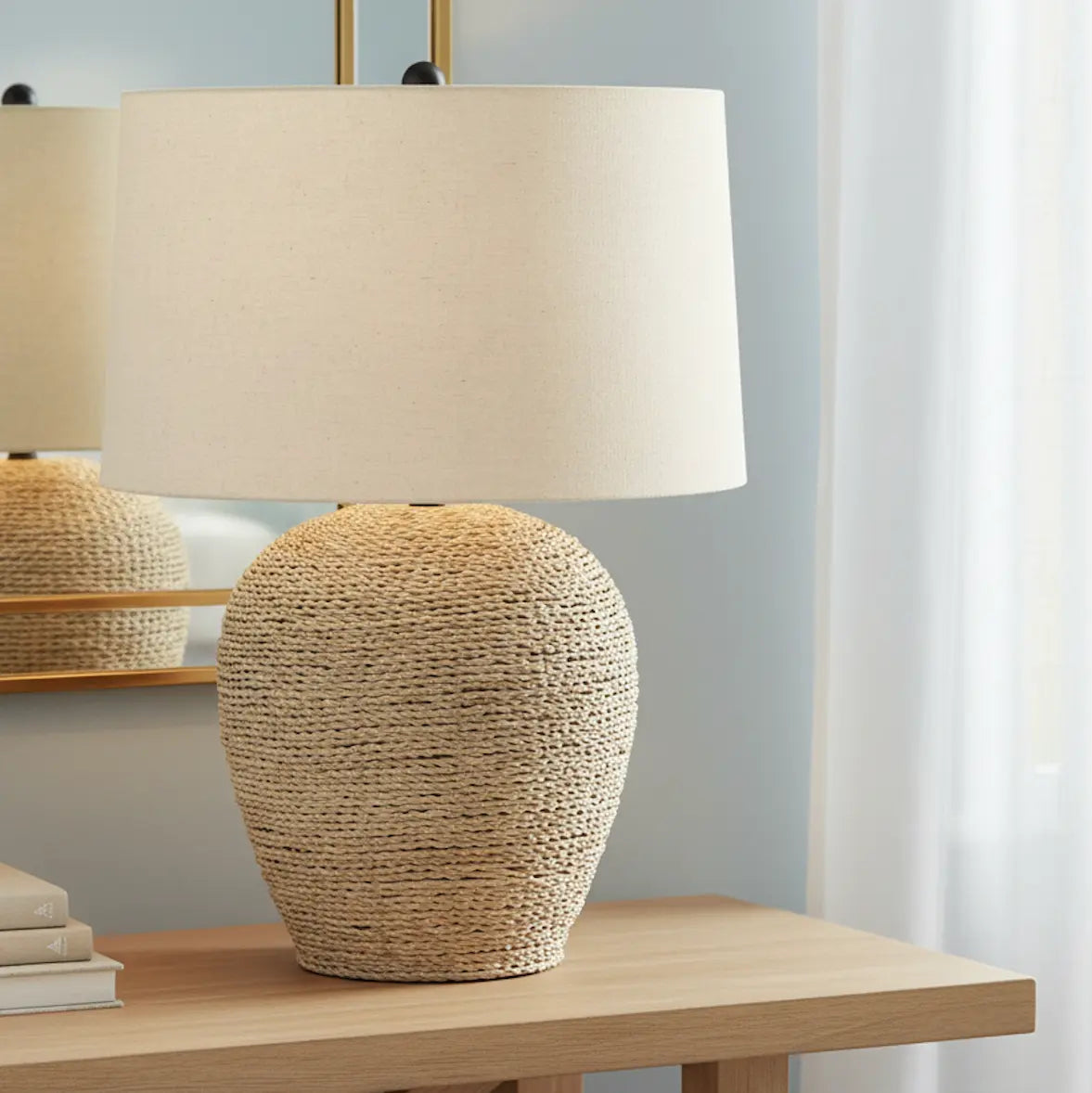 25" Coastal Table Lamp with Rattan Base & Linen Drum Shade HouseOfZazla
