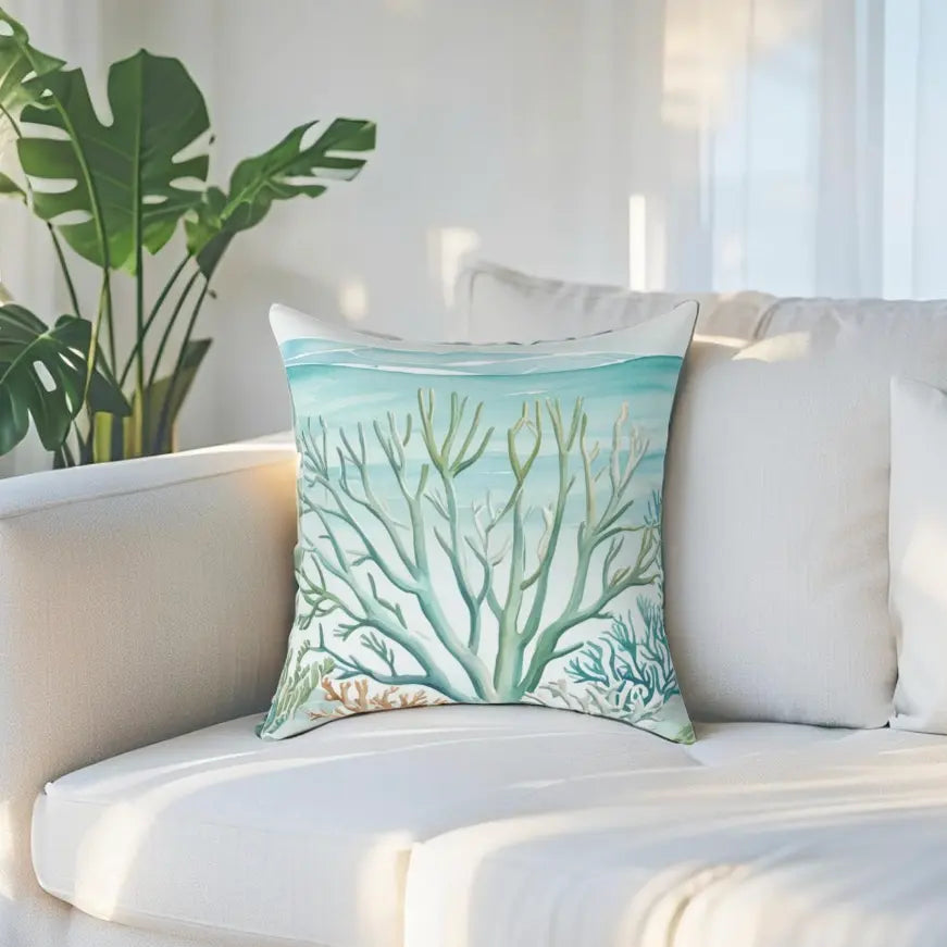 Coastal Reef Throw Pillow featuring turquoise reef artwork, a coastal accent cushion for sofas and beds.