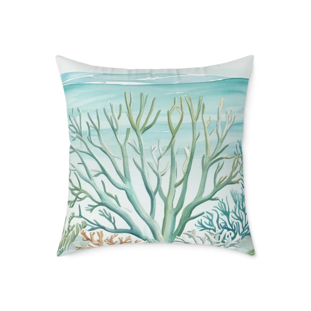 Coastal Reef Throw Pillow with turquoise coral reef artwork for a coastal, maritime vibe.