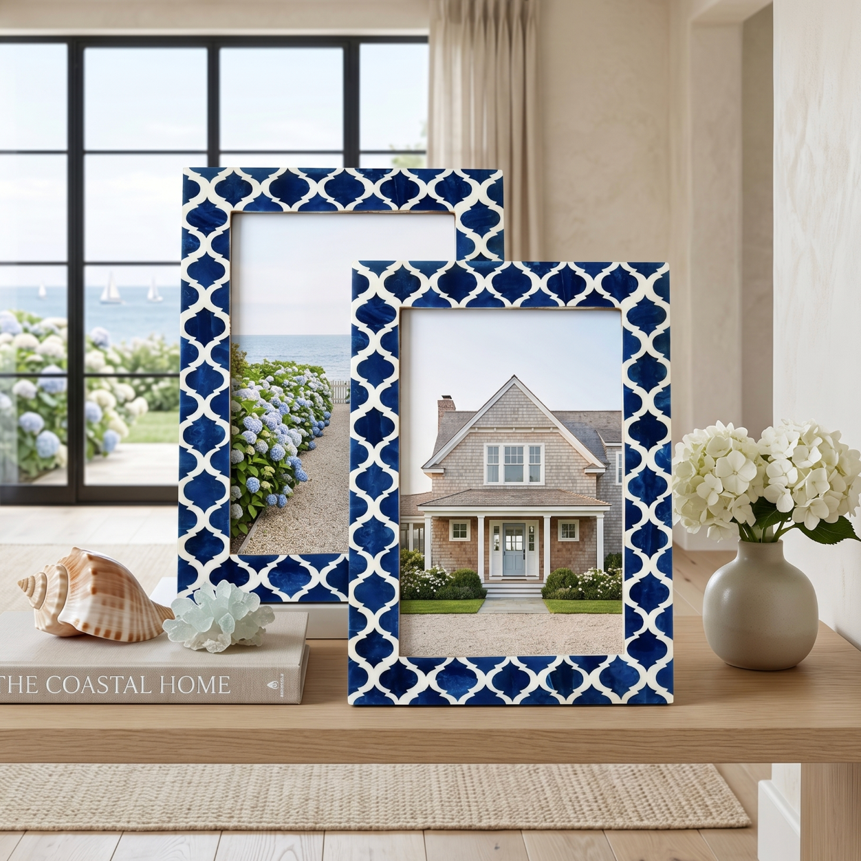 Royal blue and ivory geometric resin inlay picture frame set of 2 designed to elevate coastal, transitional, and globally inspired spaces