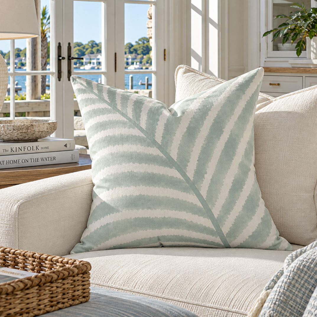 Coastal sage green striped decorative pillow with a soft white background.