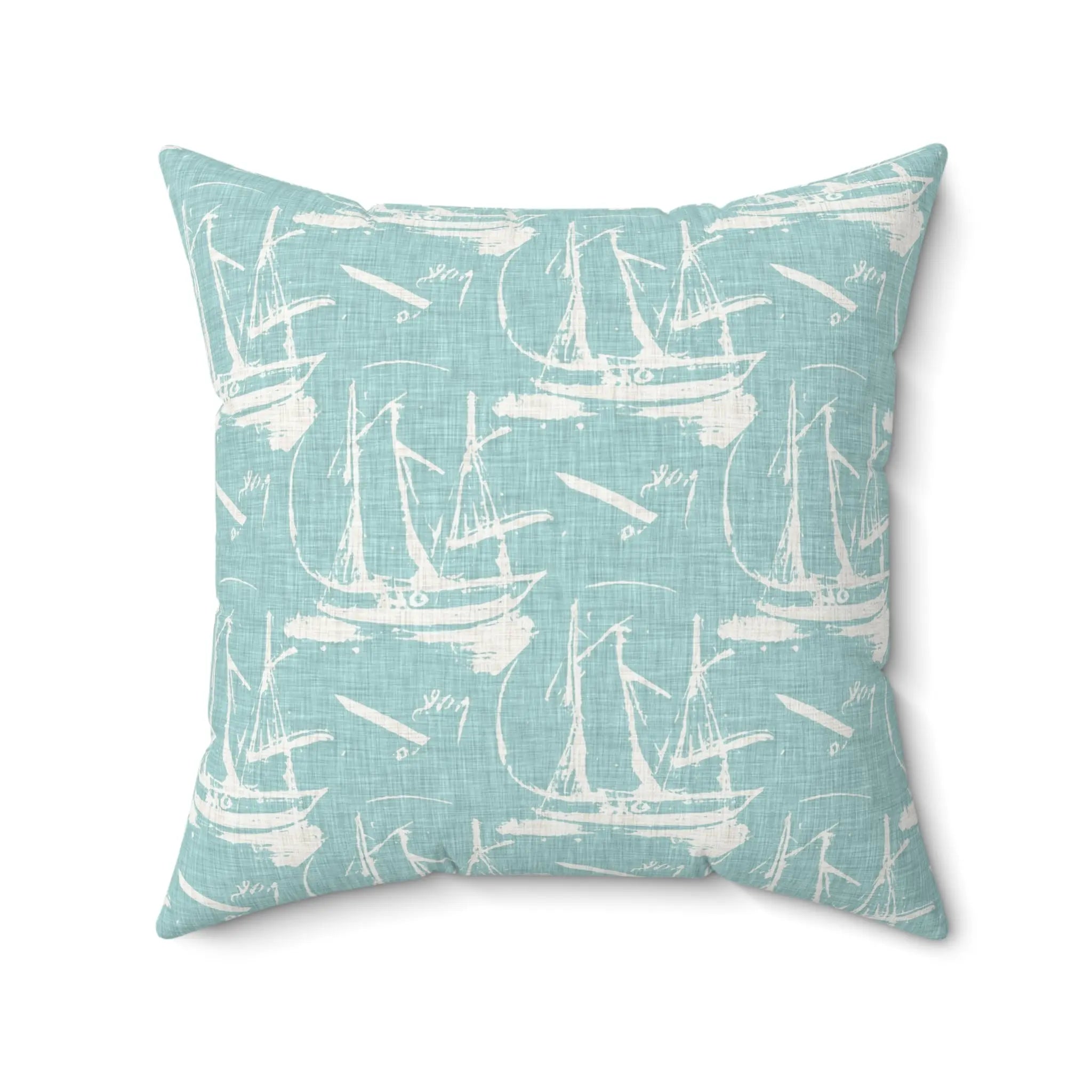 Marblehead Sail Throw Pillow with seafoam blue background and white sailboat silhouettes in a breezy nautical pattern.