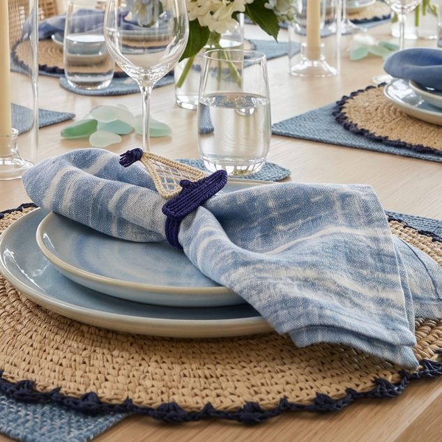 Sailboat napkin rings set of four styled on a wooden table for nautical entertaining.