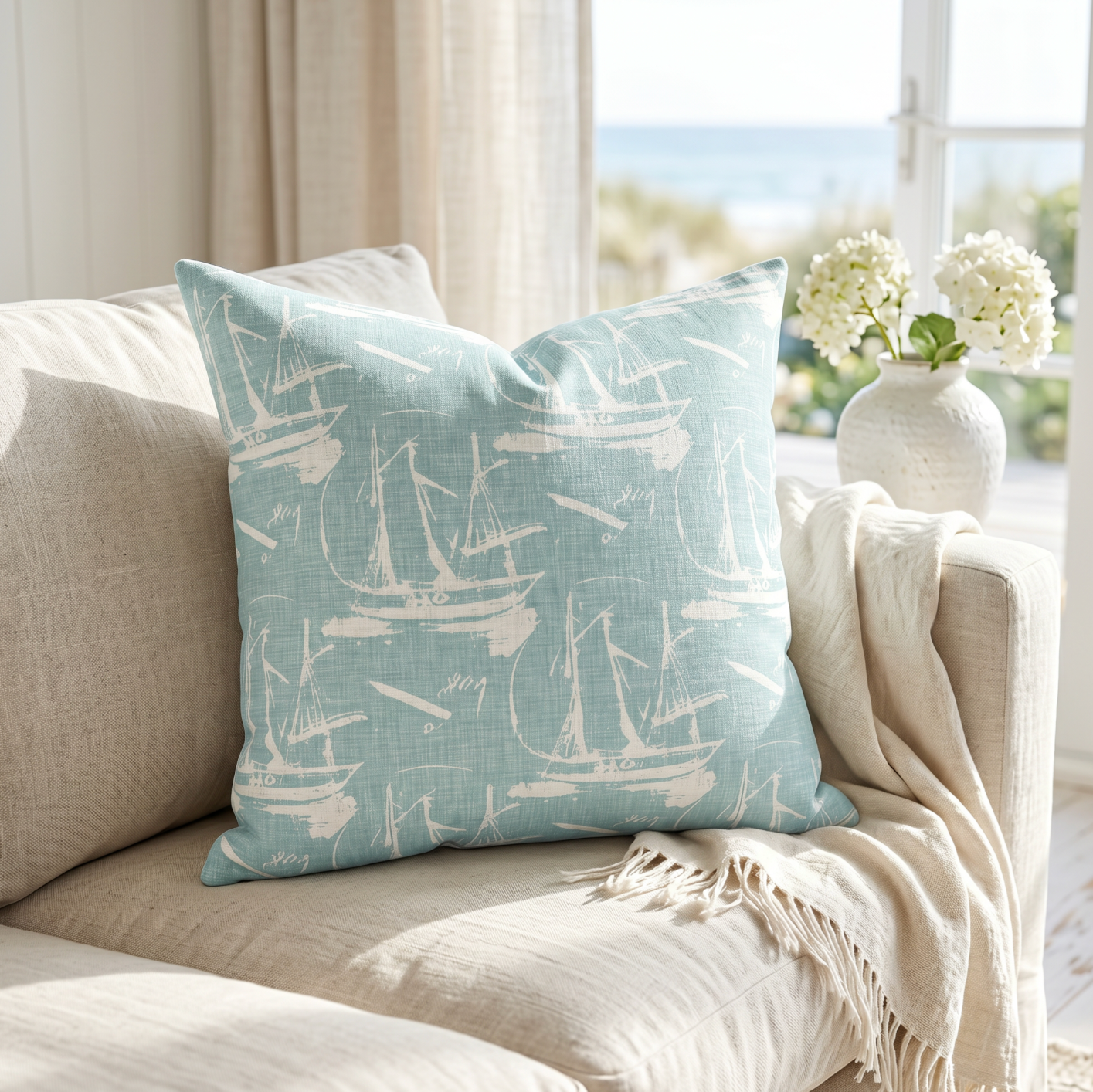 light blue throw pillow with white sailboat pattern on a neutral coastal sofa with an ocean view