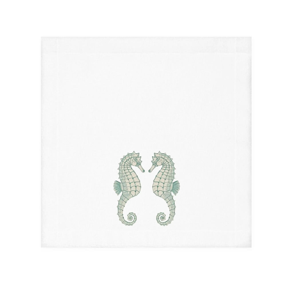 Mint Seahorse Face Towel featuring two teal seahorses facing each other on a white washcloth