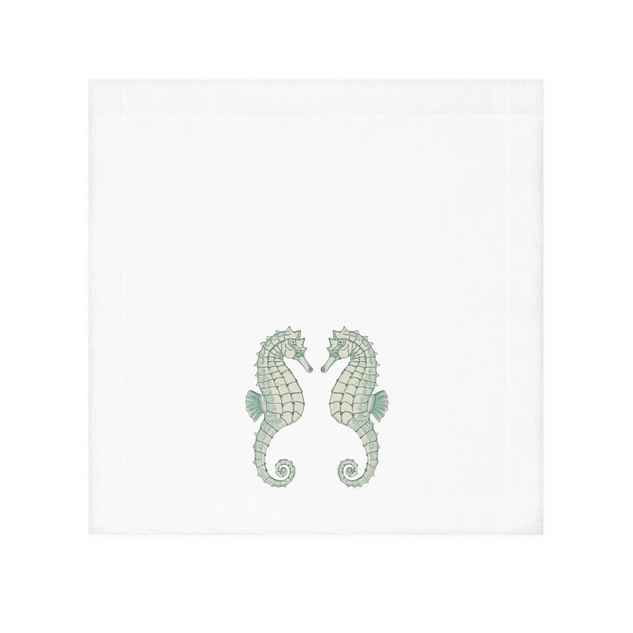 Mint Seahorse Face Towel featuring two teal seahorses facing each other on a white washcloth