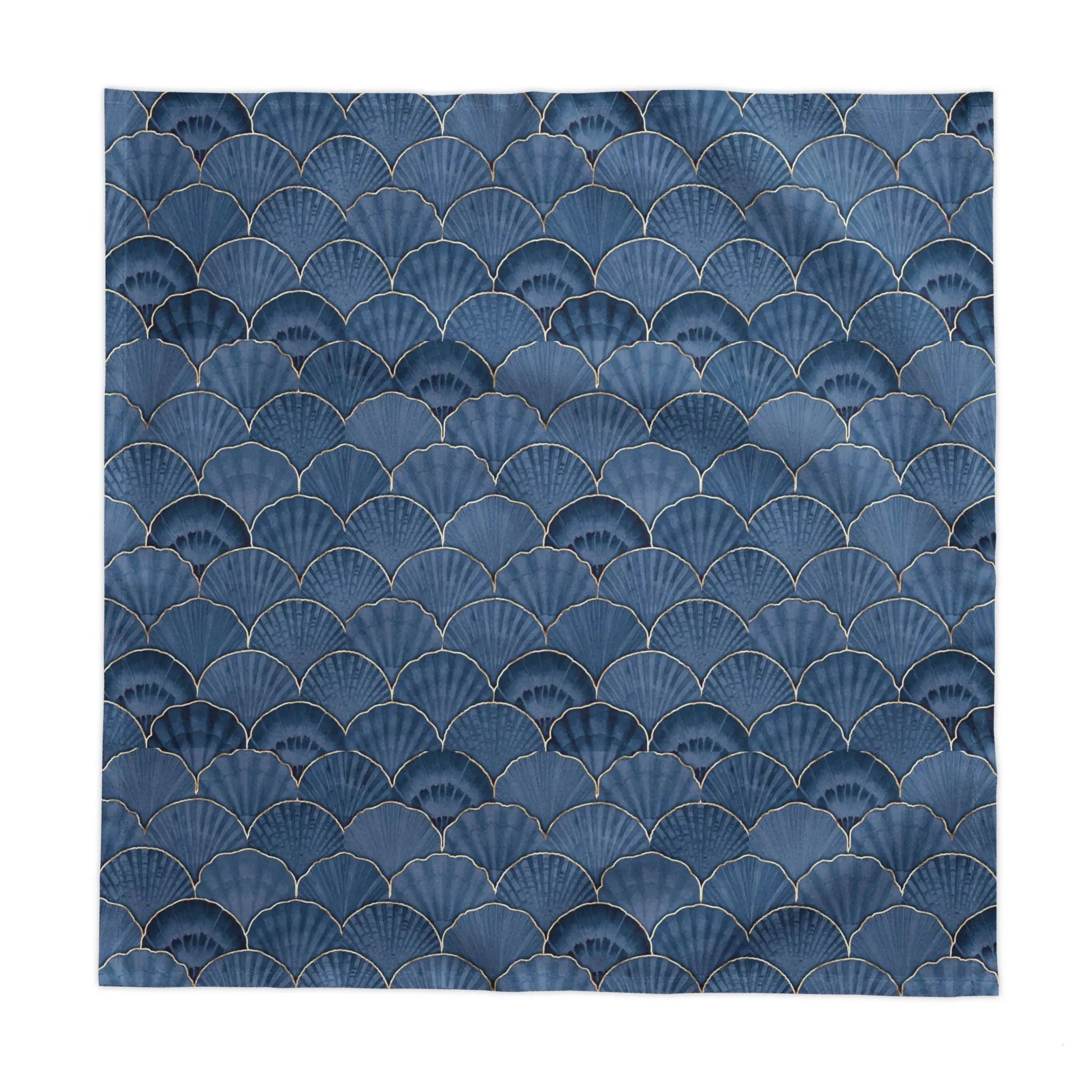 Navy blue seashell tablecloth for a summer coastal entertaining table