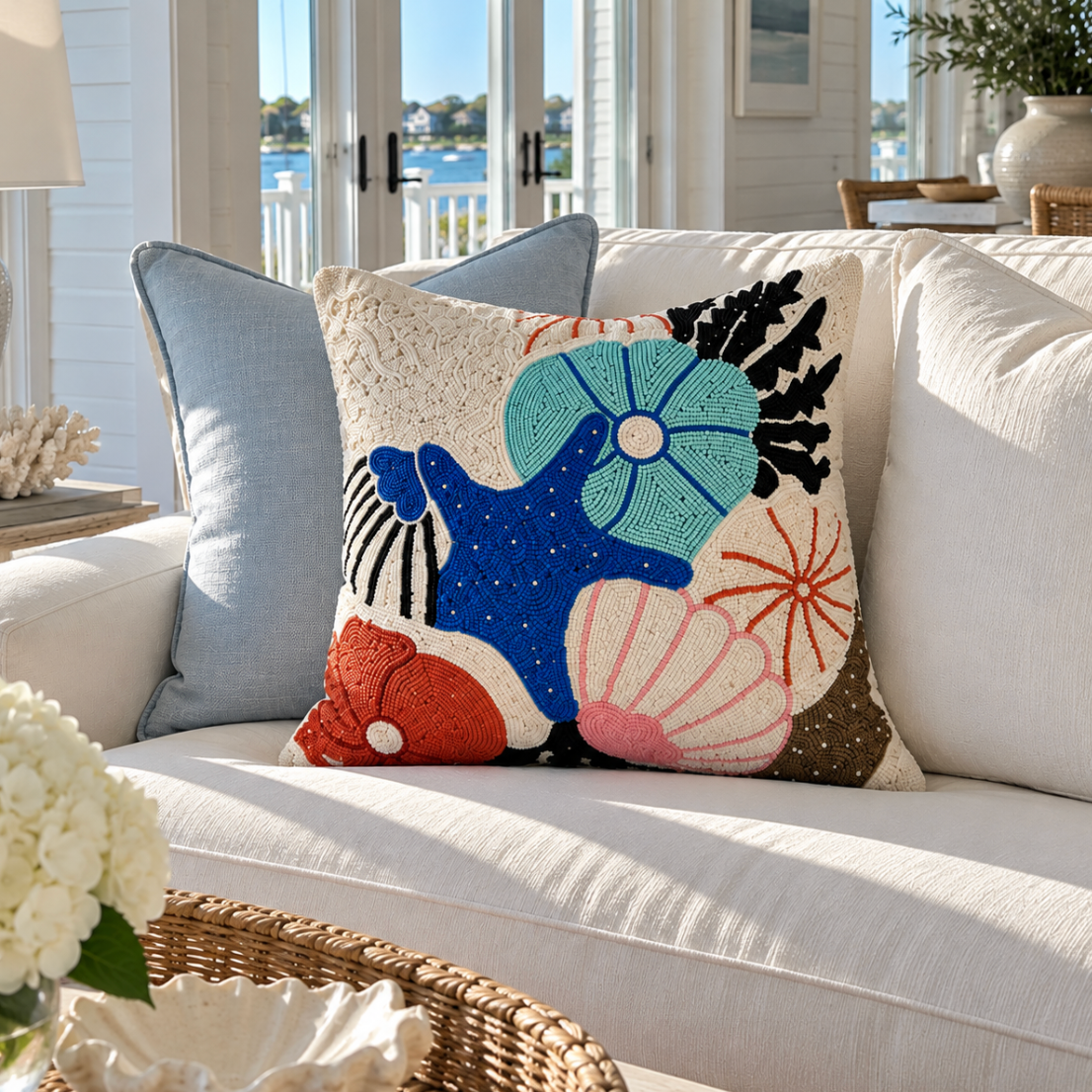 Coastal decorative pillow featuring beautiful seashell beadwork.