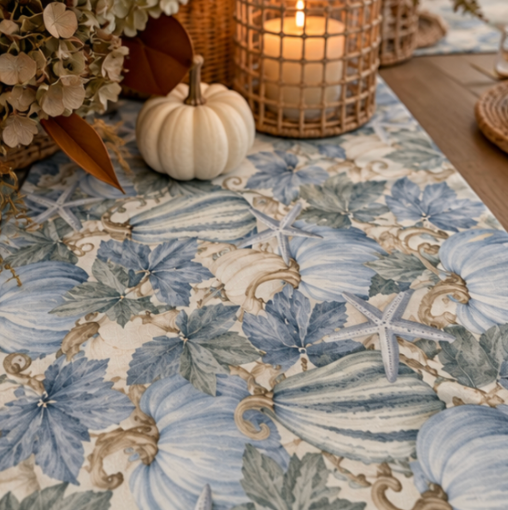 Coastal table runner featuring blue pumpkins, seashells, starfish, and botanical accents.