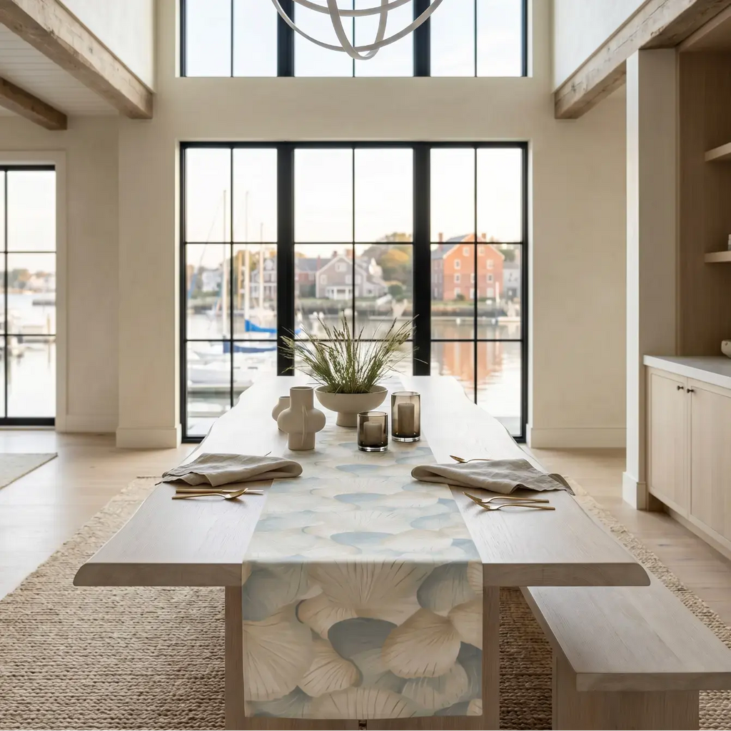 Coastal seashell table runner on a beach house dining table.