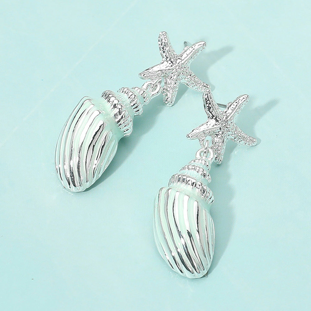 Silver dipped starfish seashell drop earrings displayed on an earring card for beachy summer outfits