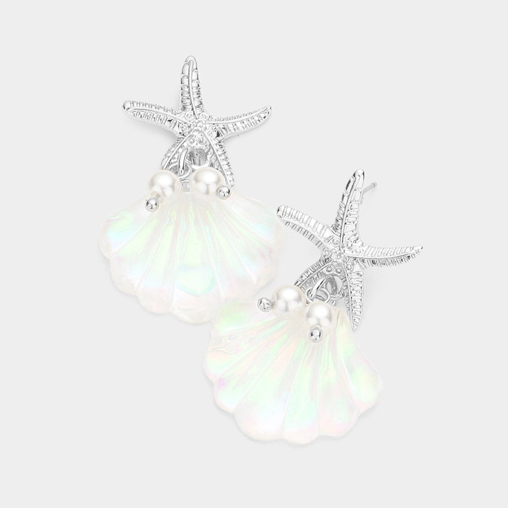 starfish pearl shell multi charm link earrings used as coastal vacation statement jewelry.