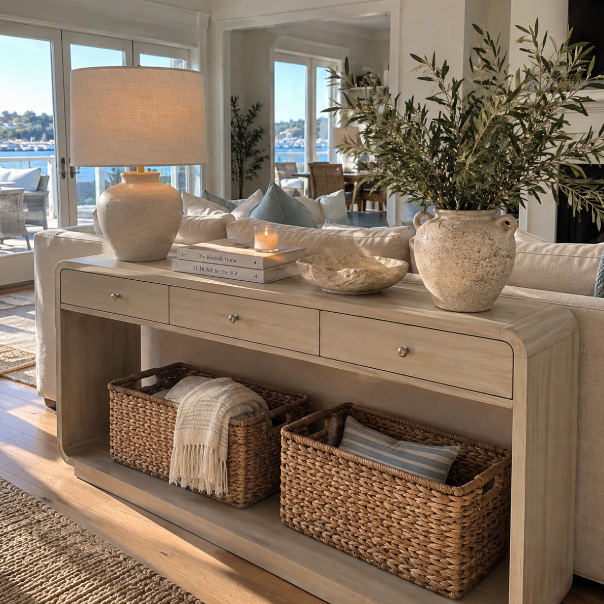 Natural wood coastal sofa console table styled behind a cream sofa in an elegant beach house living room.