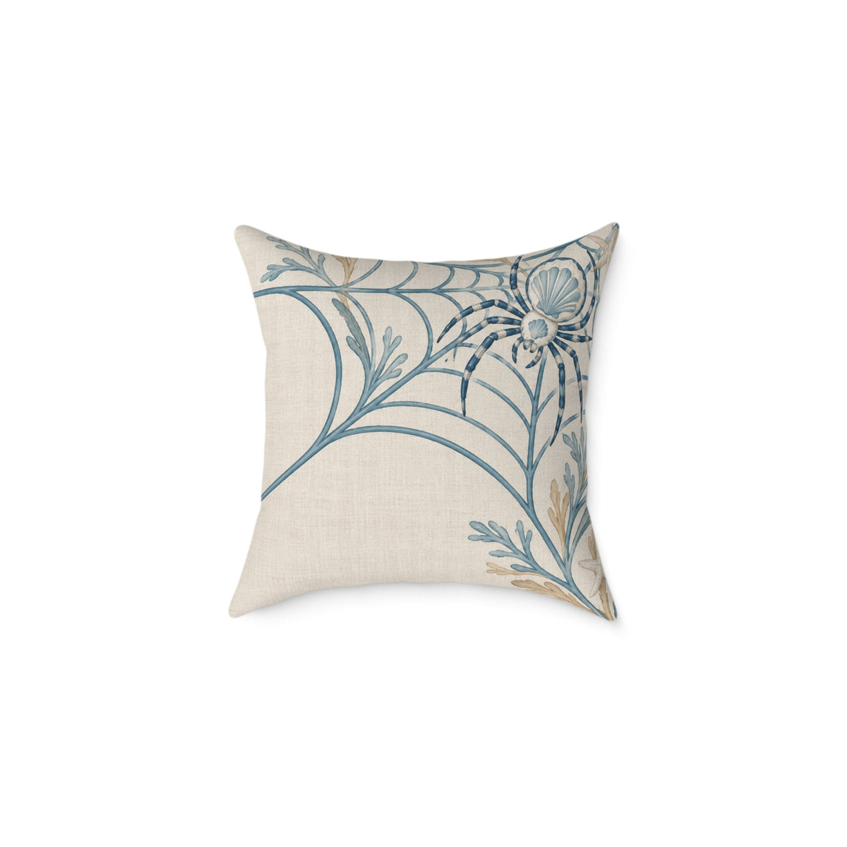 Coastal spiderweb throw pillow with a stylized blue spider and curving seaweed-like web lines