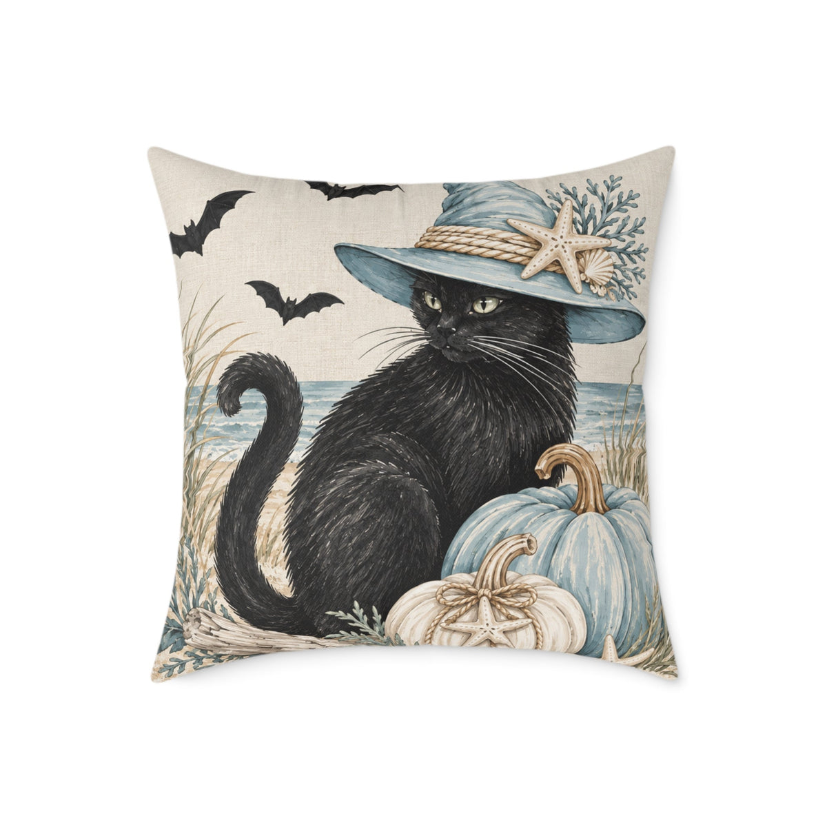 Coastal spooky-season black cat pillow with beach-inspired Halloween artwork in blue and ivory