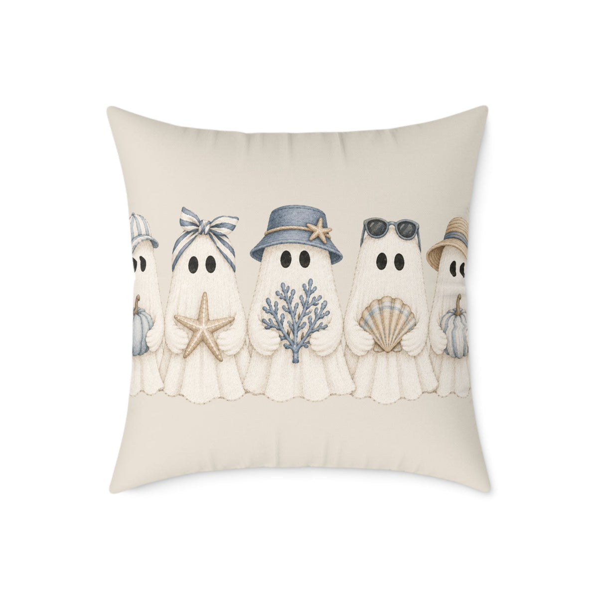 Coastal spooky-season throw pillow with five embroidered-look ghosts and ocean-inspired accessories