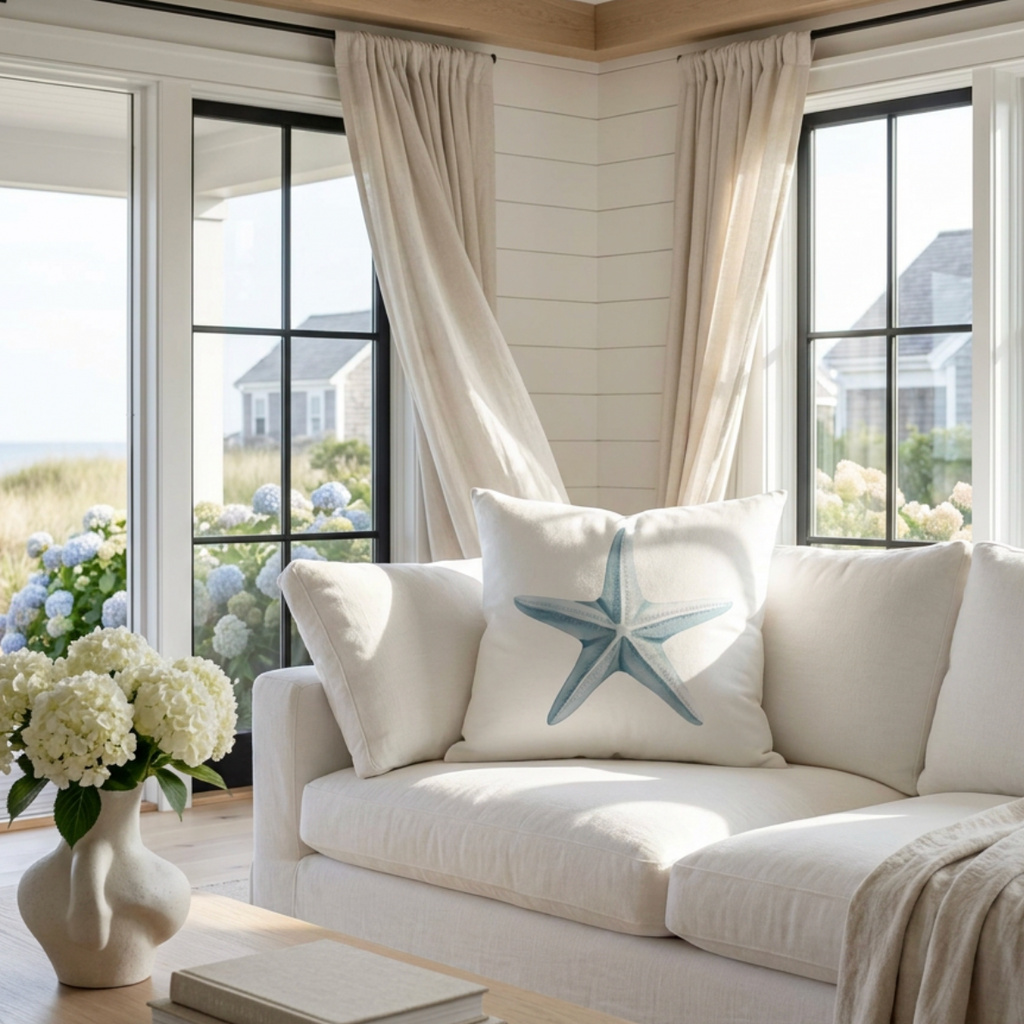 Decorative pillow featuring a blue starfish on a beach-inspired background.