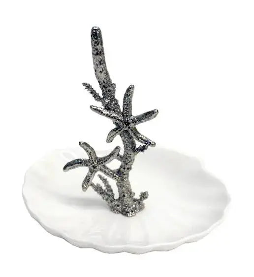 Pewter starfish ring dish with clam shell design for coastal decor