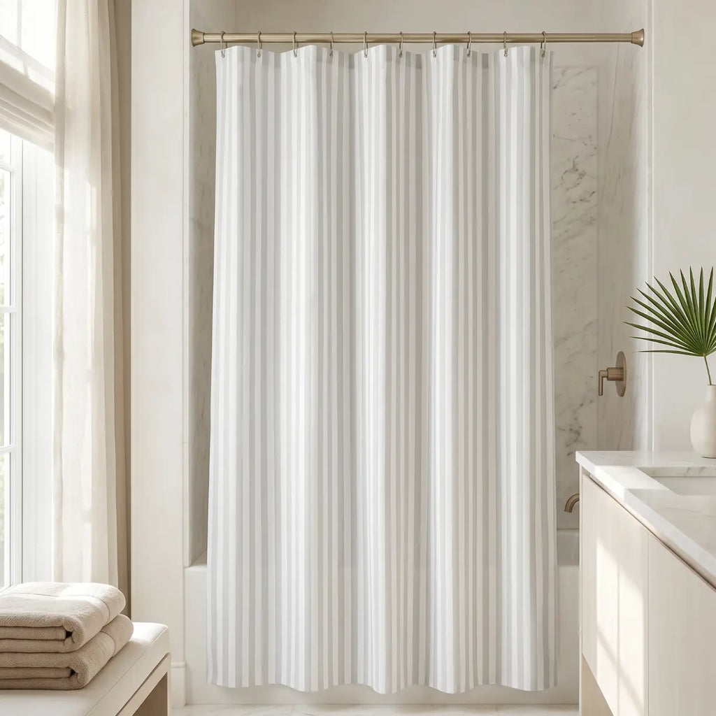 Gray and white stripe shower curtain with modern coastal design