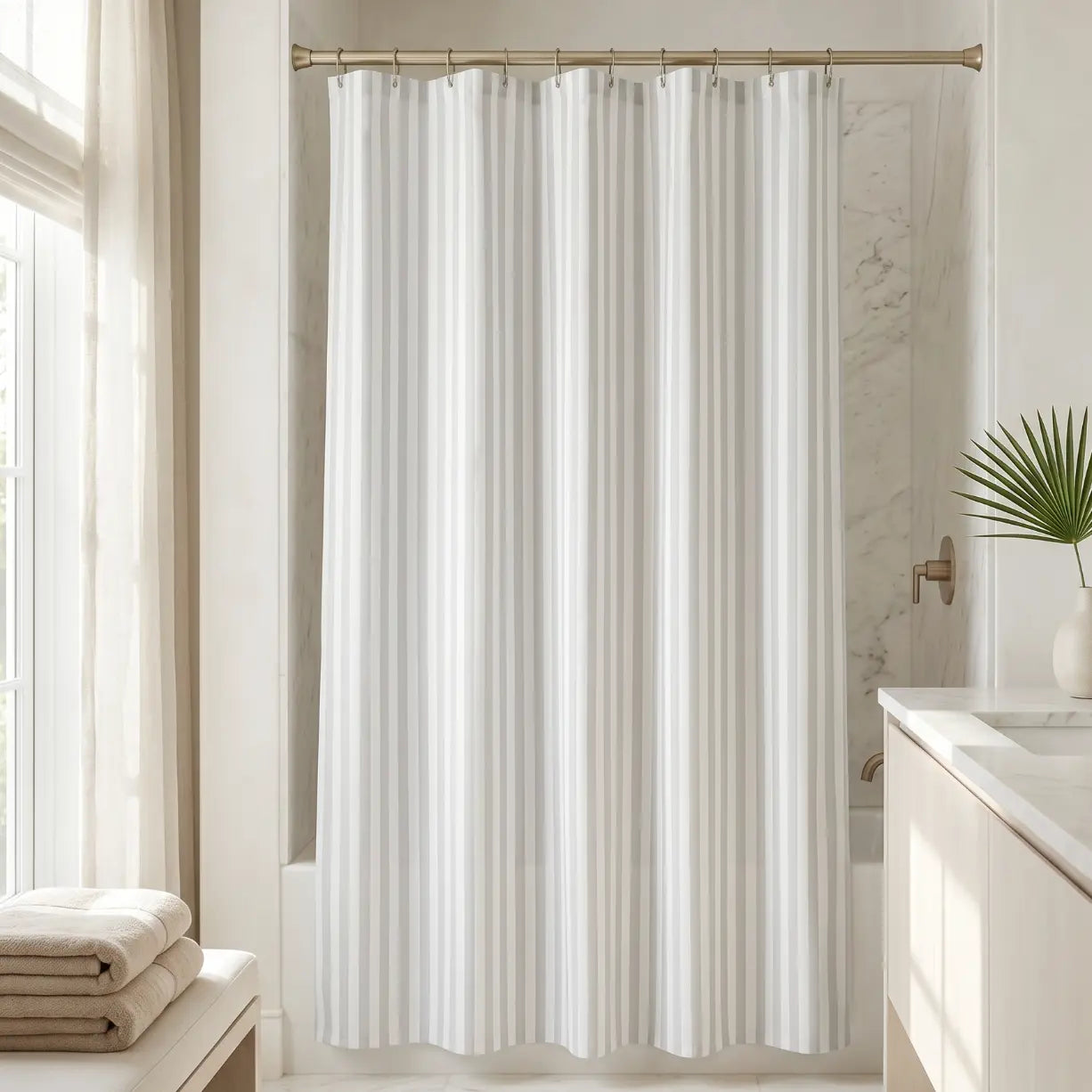 Gray and white stripe shower curtain with modern coastal design