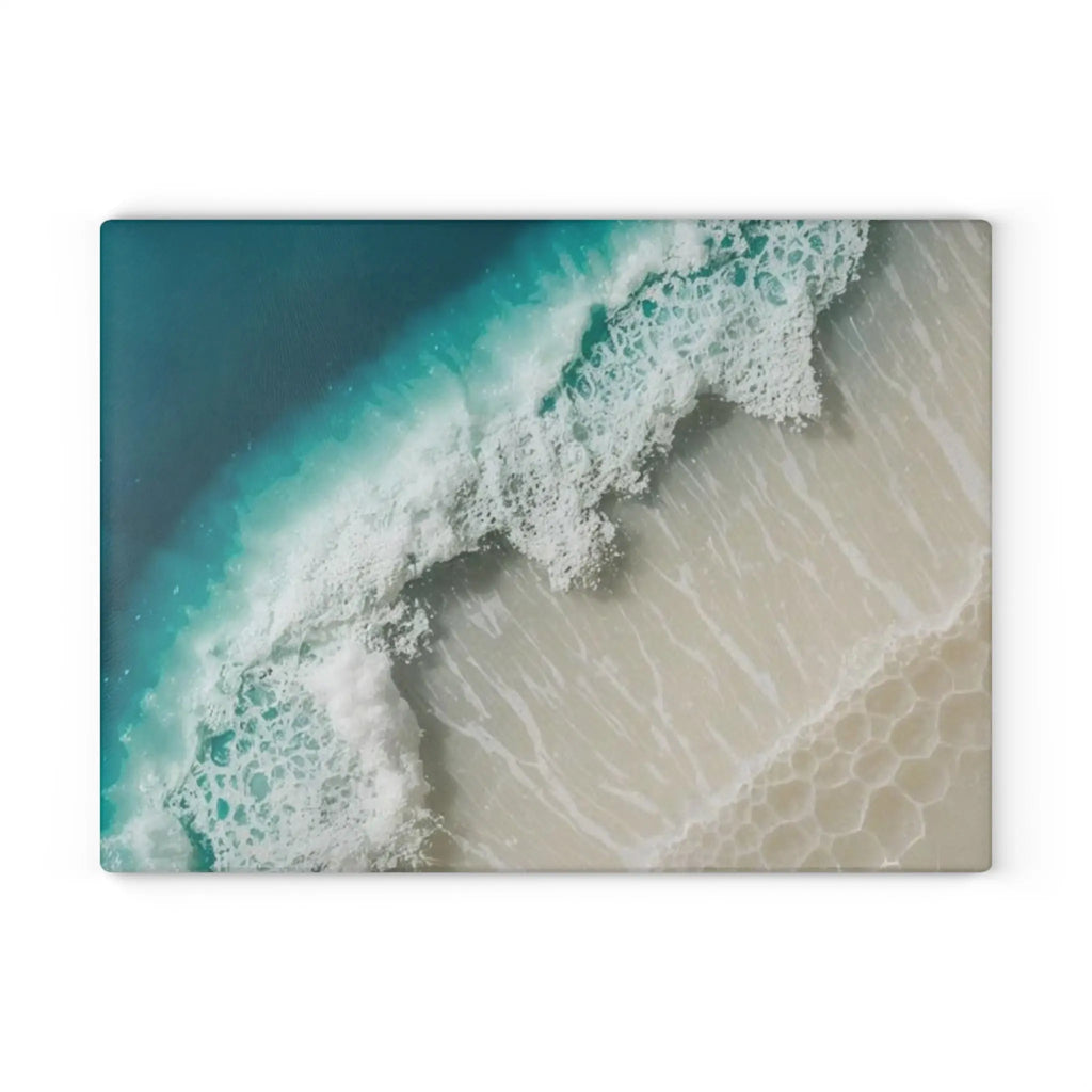Coastal Wave Glass Cutting Board with turquoise ocean design and textured tempered glass surface for chopping.