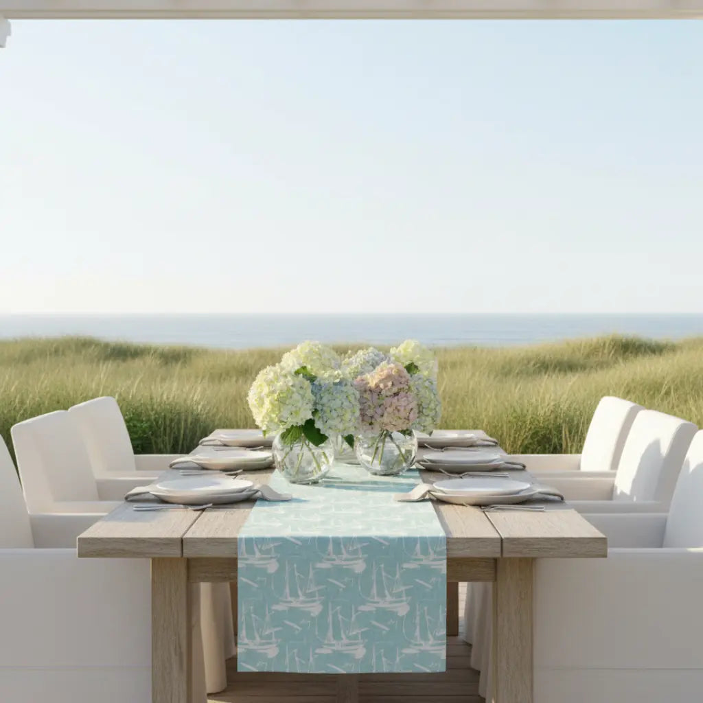 Marblehead Sail Table Runner on coastal outdoor table with aqua sailboat silhouettes