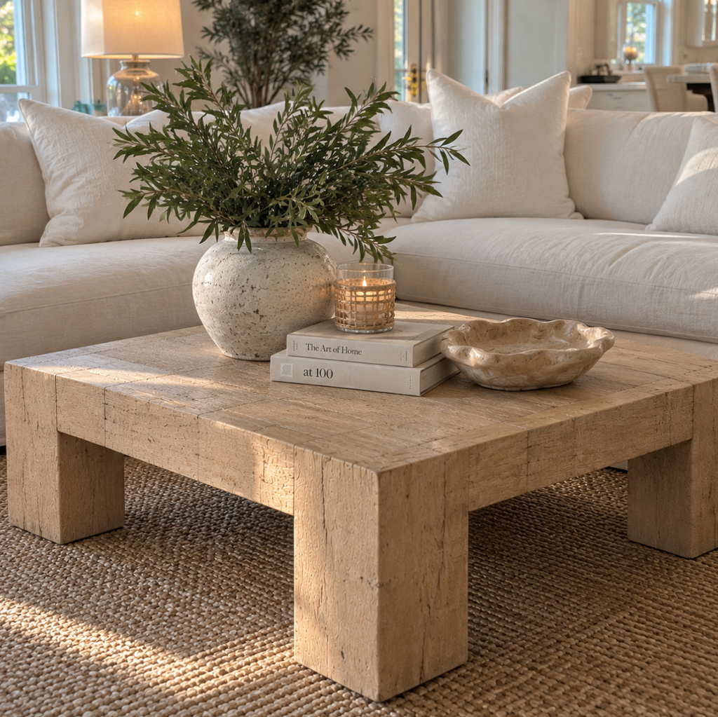31-inch square teak coffee table with a light natural finish and distinctive organic wood texture.