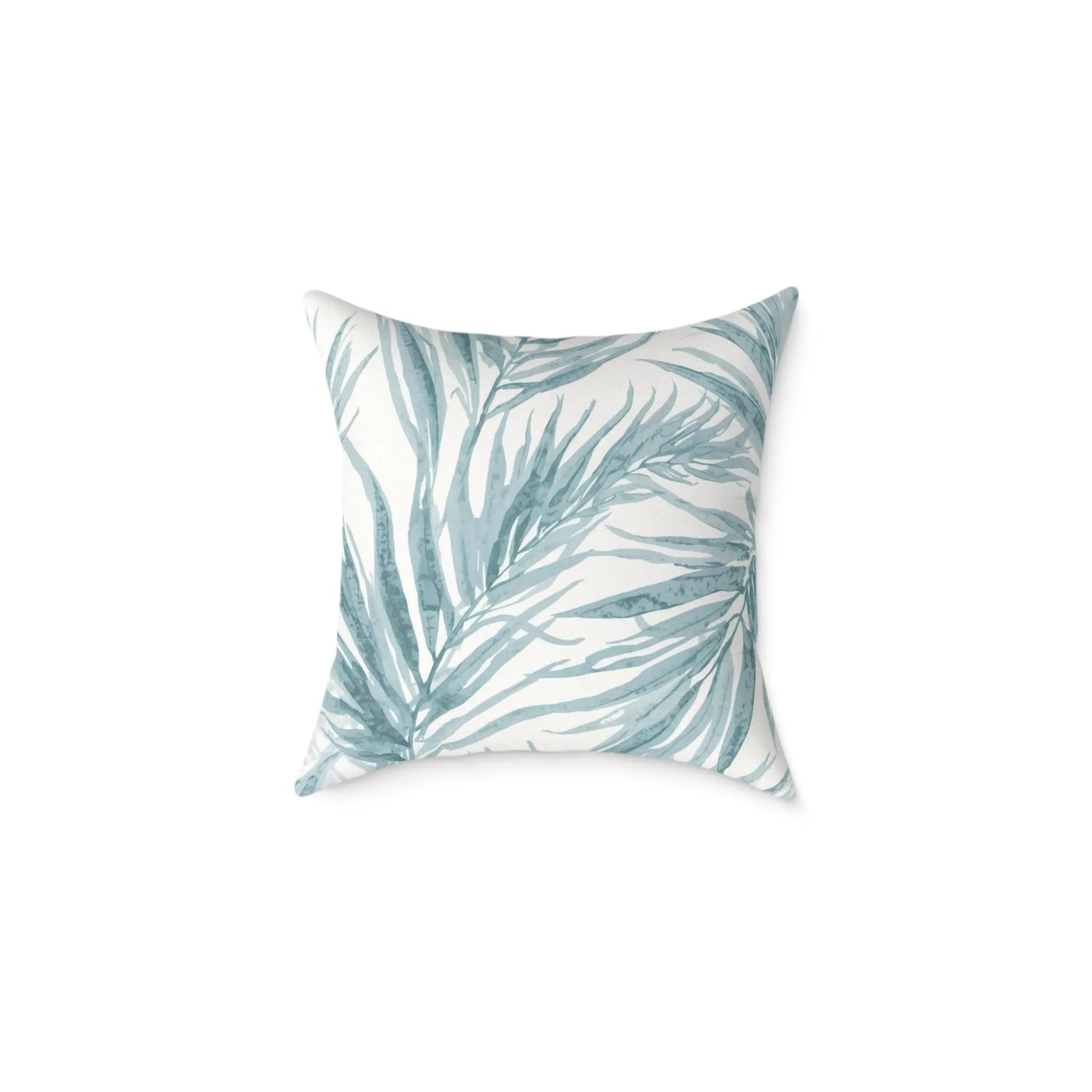 Palm Sol Throw Pillow in teal palm leaf watercolor, coastal island-inspired square cushion.