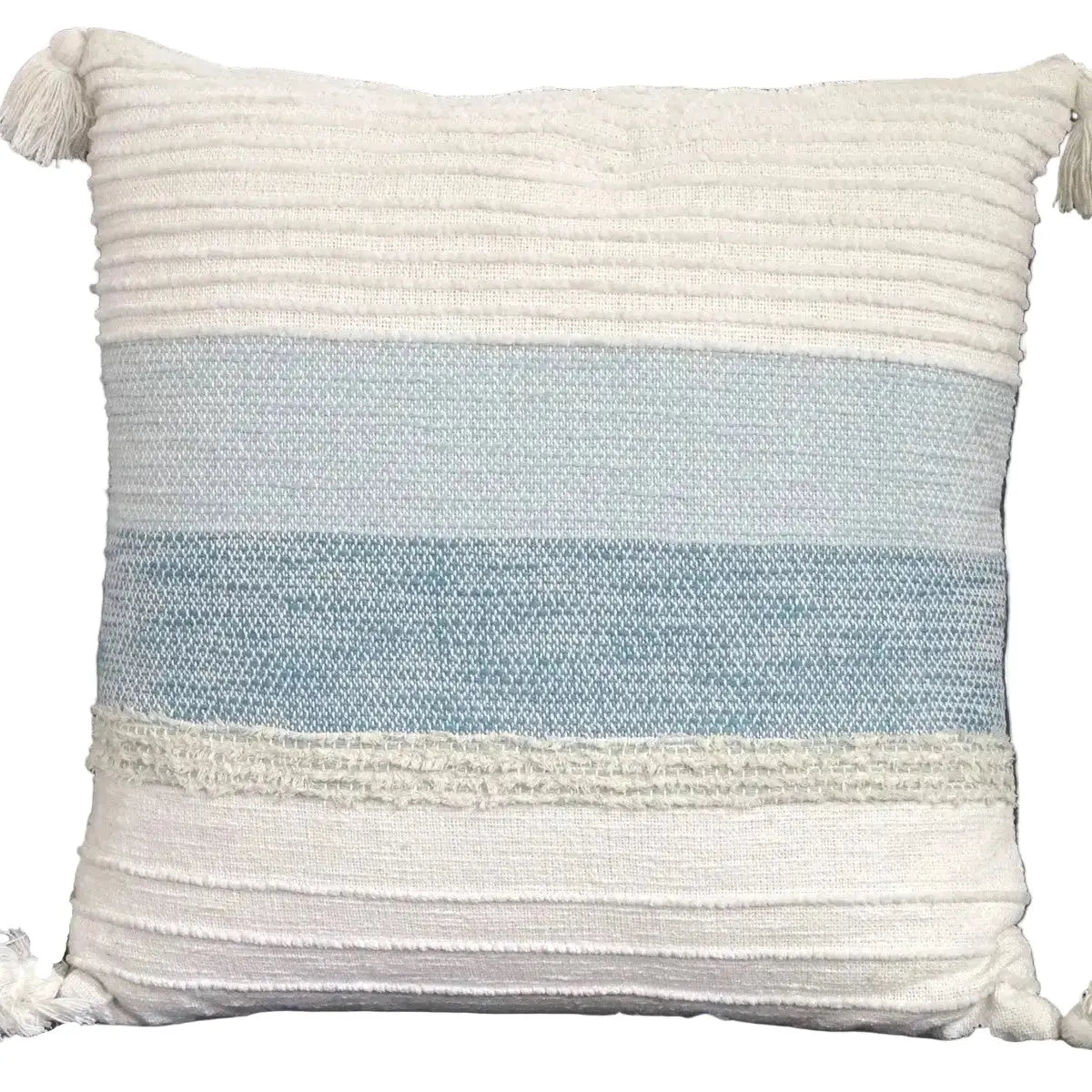 neutral decorative pillow with woven texture and tassels