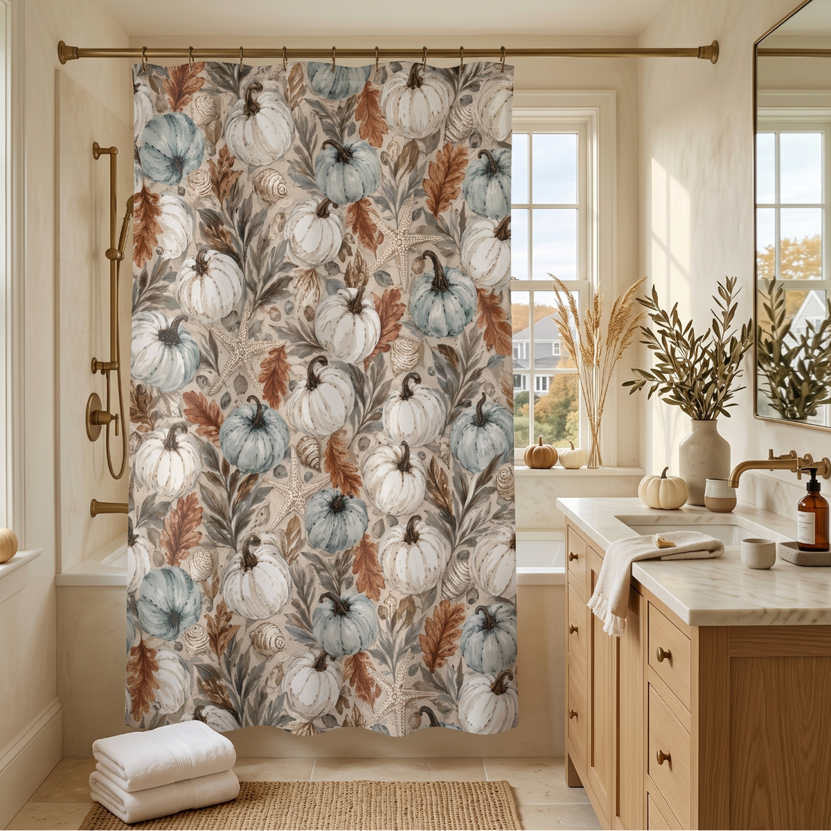 Coastal Thanksgiving bathroom decor with a muted botanical leaf and pumpkin shower curtain