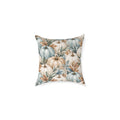 Coastal Thanksgiving pumpkin pillow with layered blue, cream, and ivory gourds and botanical foliage