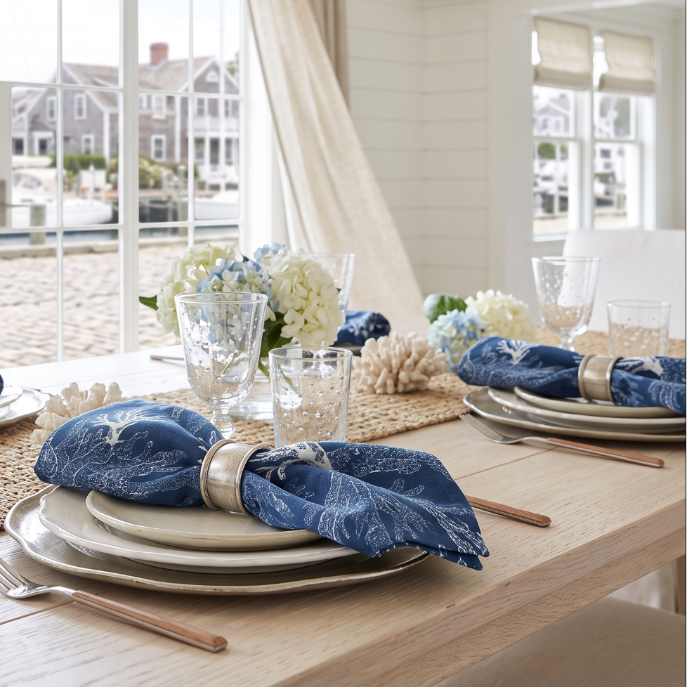 Navy blue coral print napkins that bring a chic, ocean‑inspired look to holiday and special occasions.