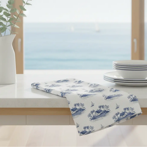 Blue Sailboat & Island Toile Kitchen Towel Printify