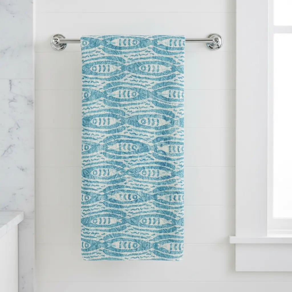 Turquoise Fish Pattern Cotton Bath Towel Printify