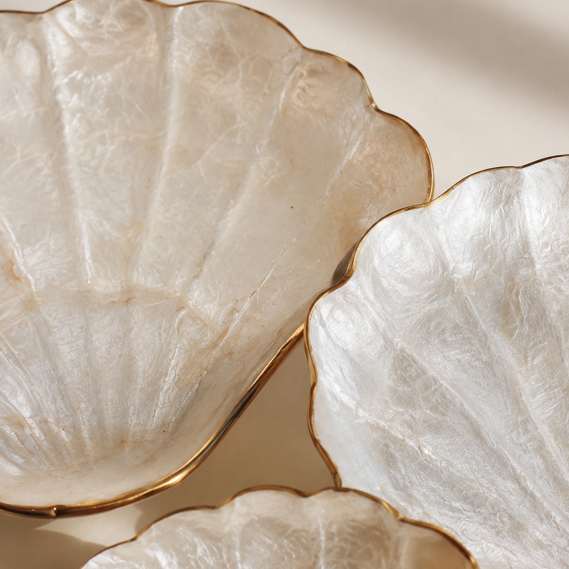 Beach house trinket tray made from mother of pearl with a seashell form.