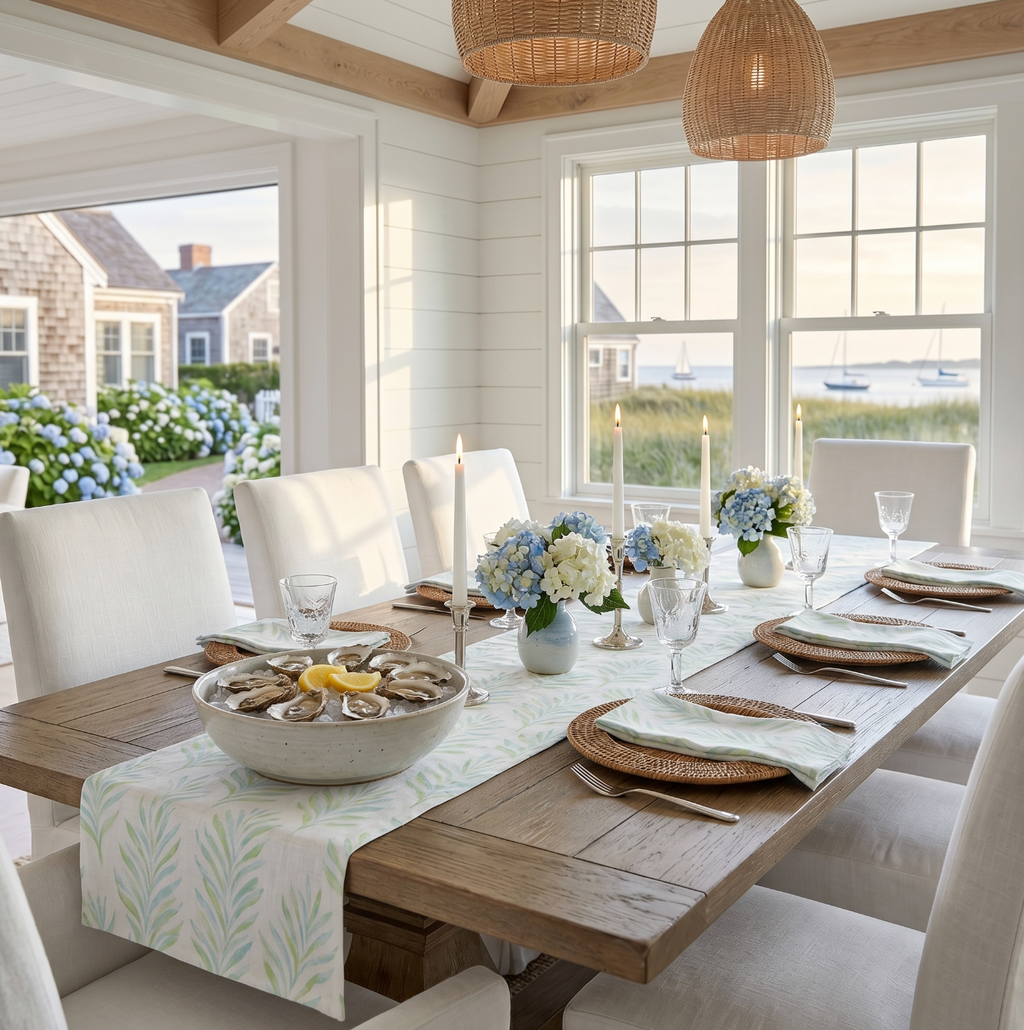 Watercolor leaf print coastal table runner styled with candles and fresh greenery on a dining table.