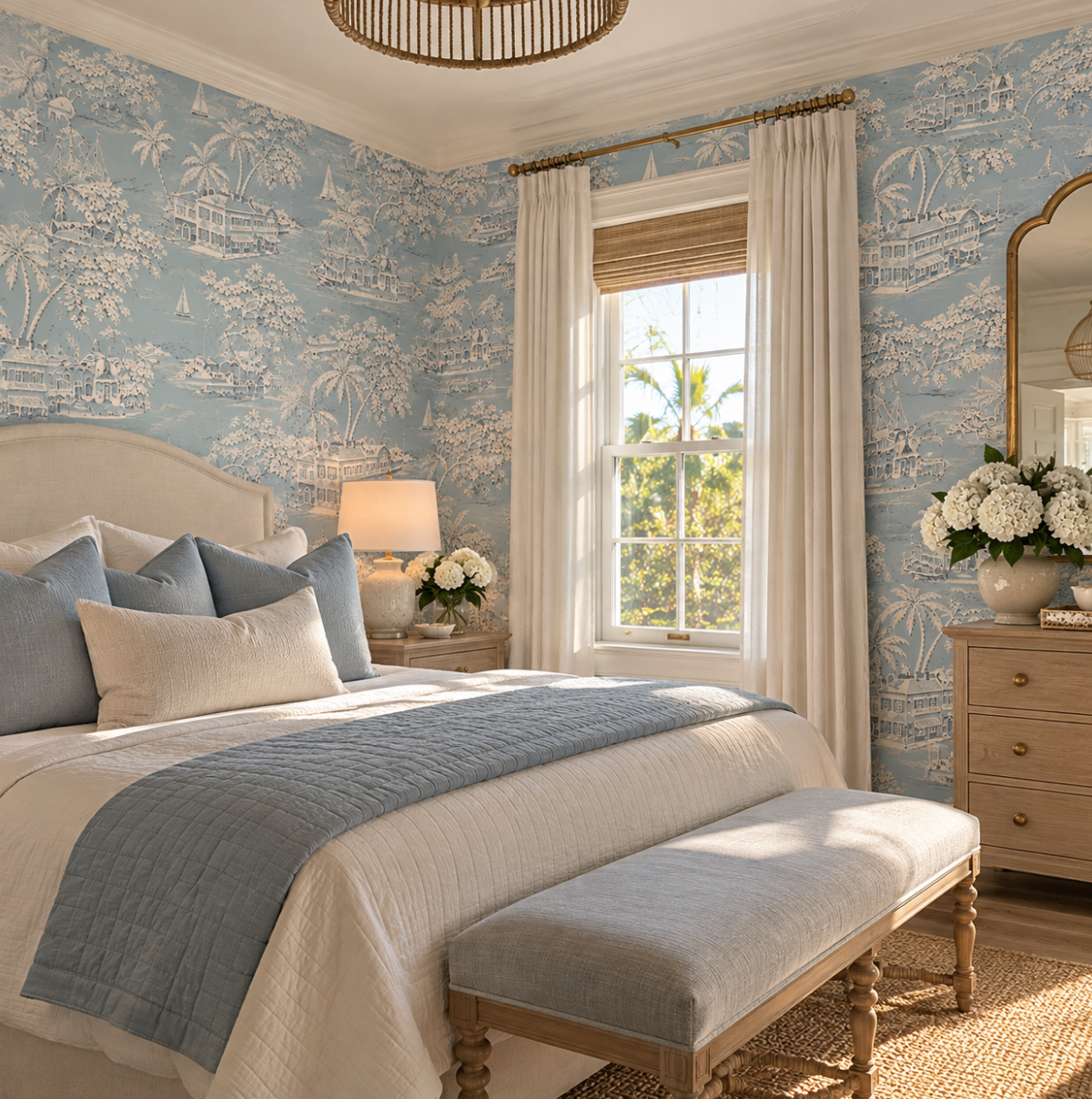Coastal wallpaper pattern illustrating elegant waterfront homes, boats, palm trees, and leafy trees.