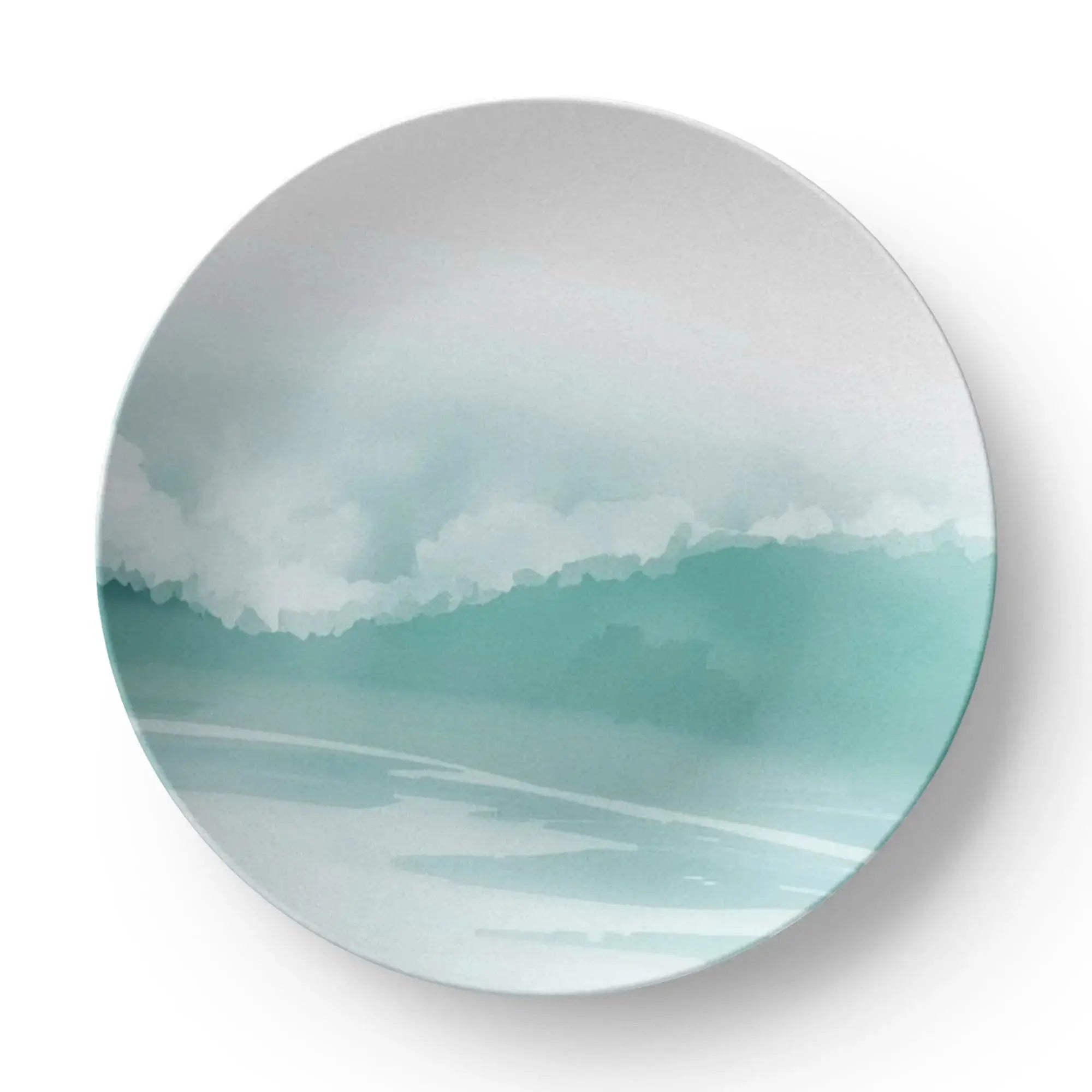 Closeup of blue coastal wave design on dinner plate