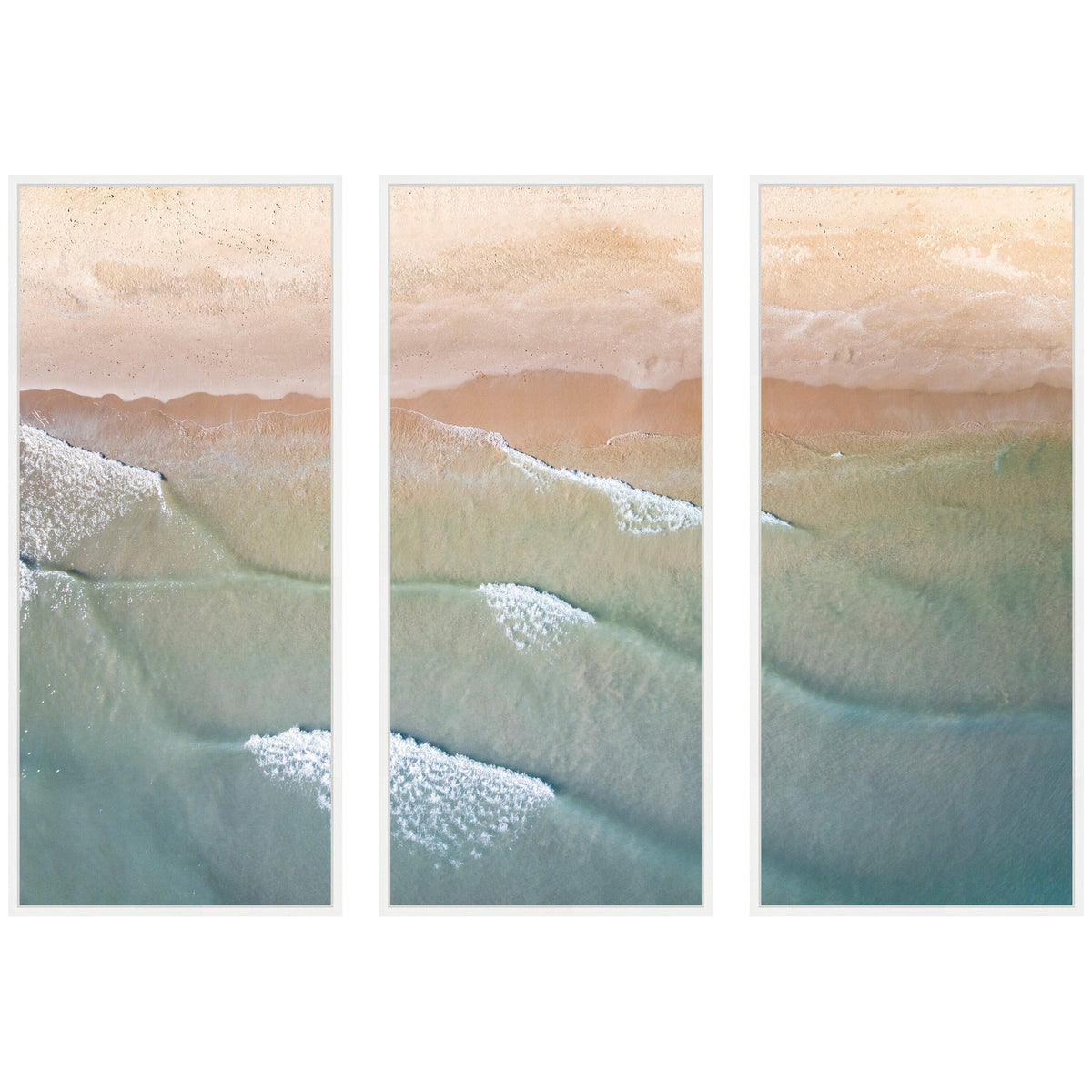 Coastal framed canvas set depicting layered waves in soothing blue hues.