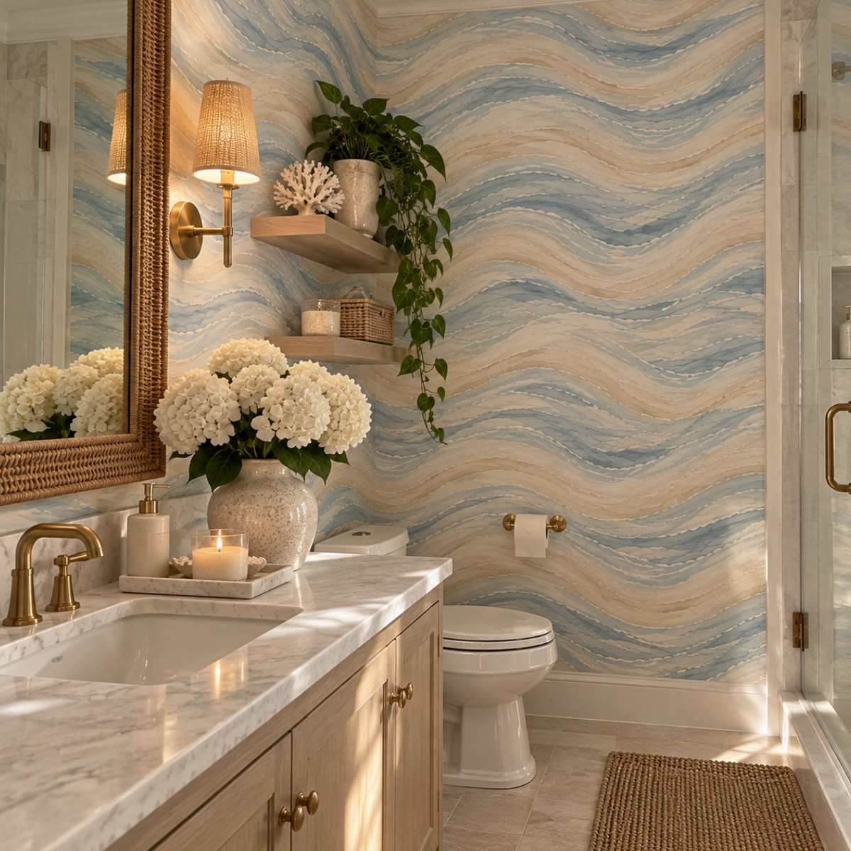 Luxury coastal wallpaper featuring flowing ocean waves in blue, ivory, and warm sand tones.