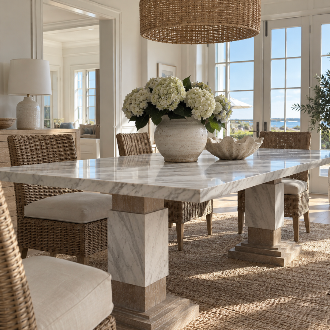 Coastal white marble dining table with a tailored rectangular top and natural wood pedestal bases