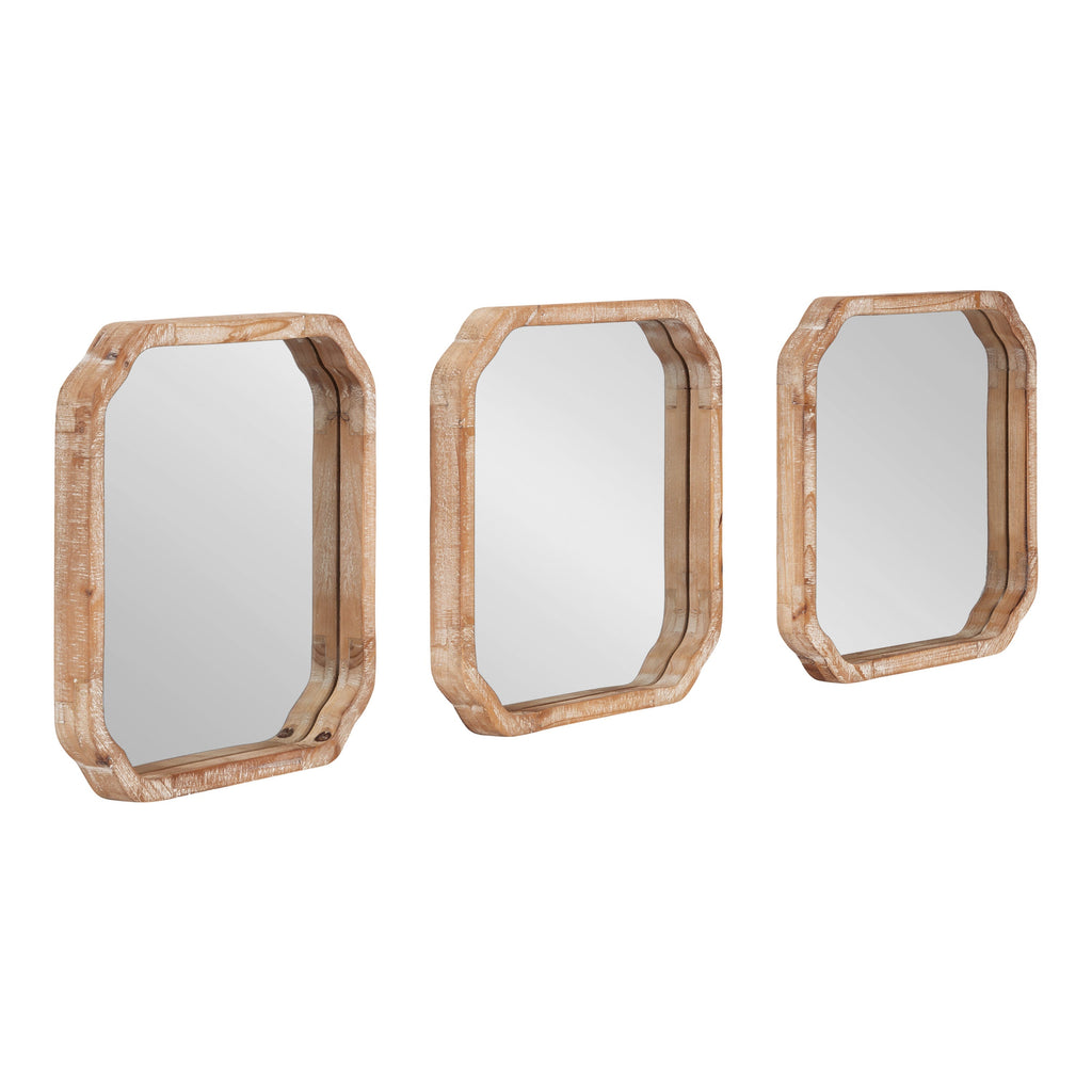 Coastal wood mirror set of three with warm natural frames and beveled arch-inspired silhouettes