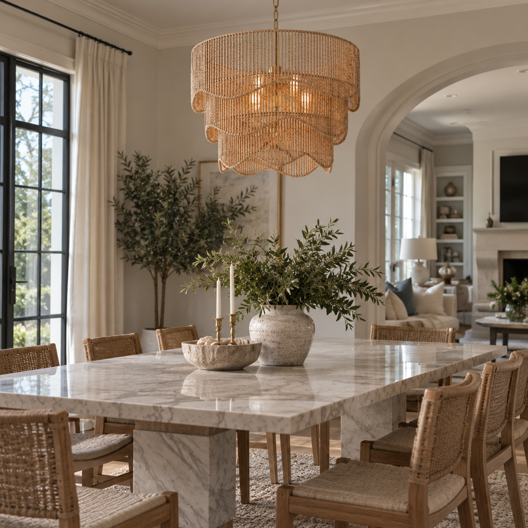 Coastal woven chandelier with layered scalloped tiers for a warm neutral dining room
