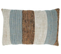 Shoreline‑inspired woven lumbar pillow with blue, tan, and cream stripes for relaxed coastal living room styling.