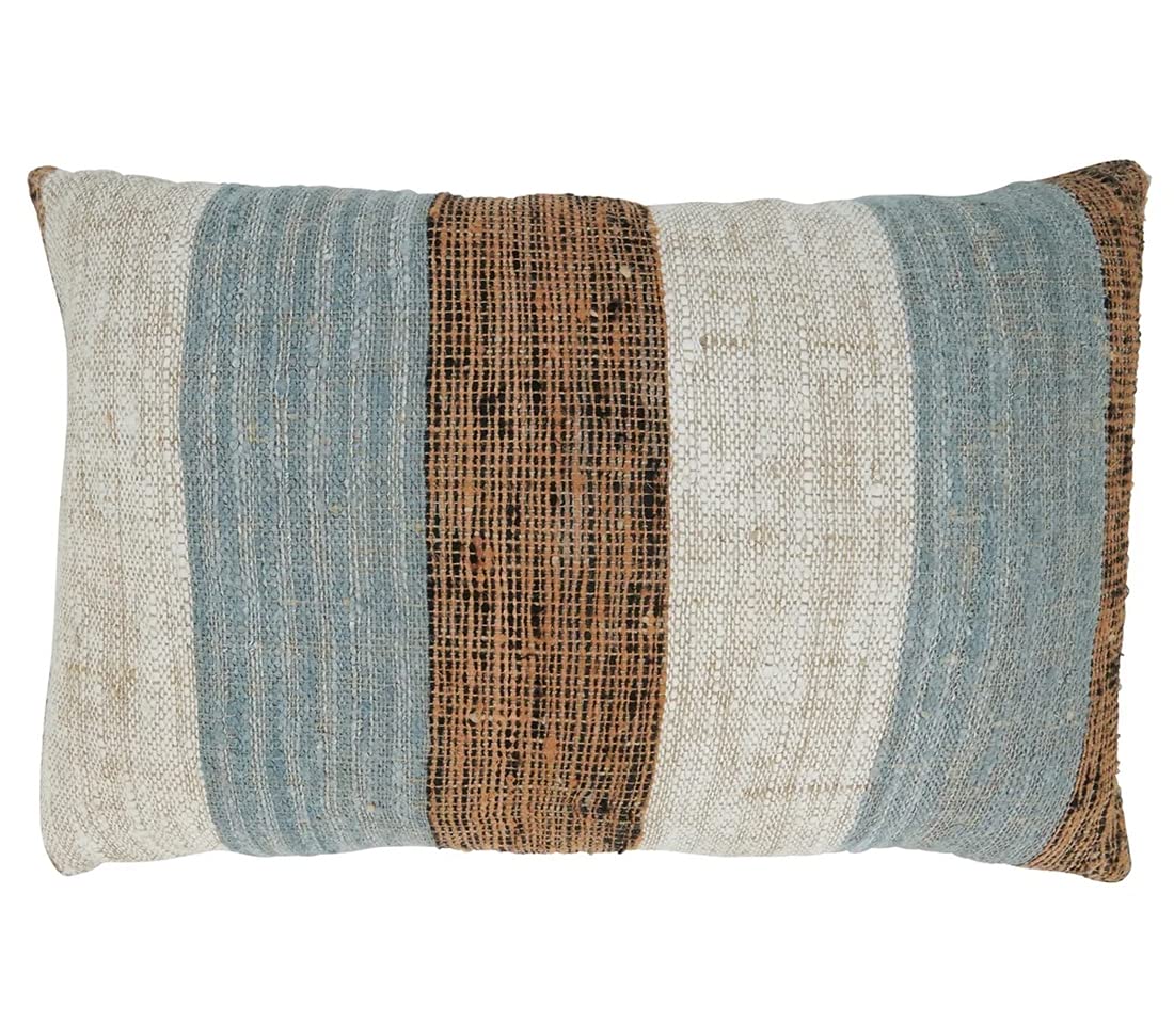 Shoreline‑inspired woven lumbar pillow with blue, tan, and cream stripes for relaxed coastal living room styling.