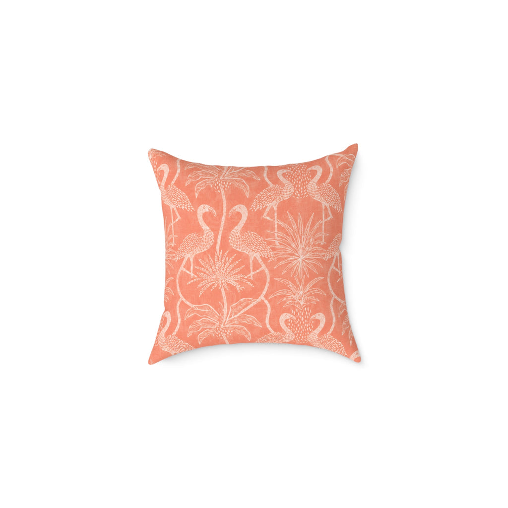 Coral flamingo cushion with white palm leaf linework for a beach house, sunroom, or tropical bedroom.