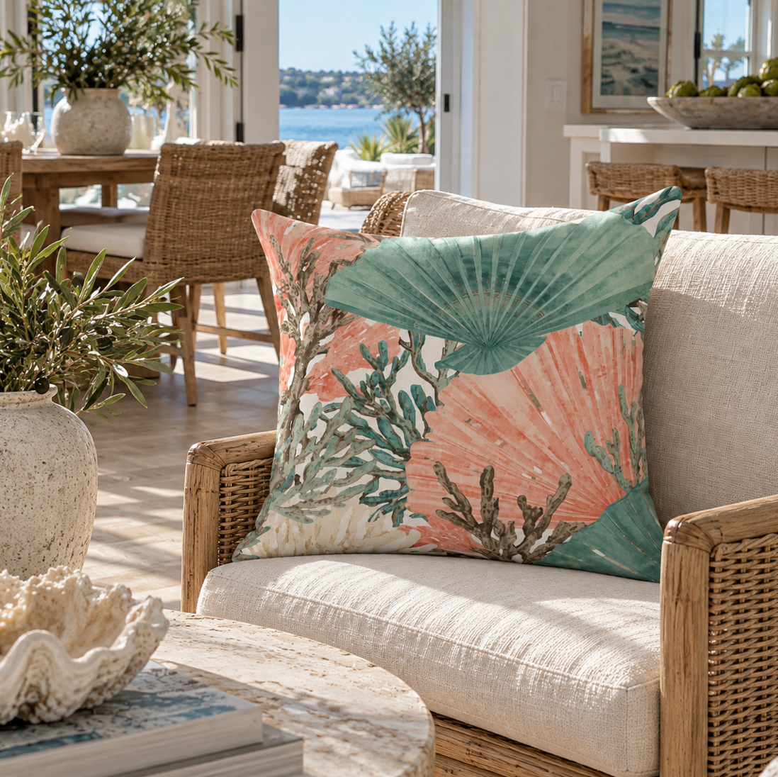 Coral and aqua coastal throw pillow styled in an elegant beach house