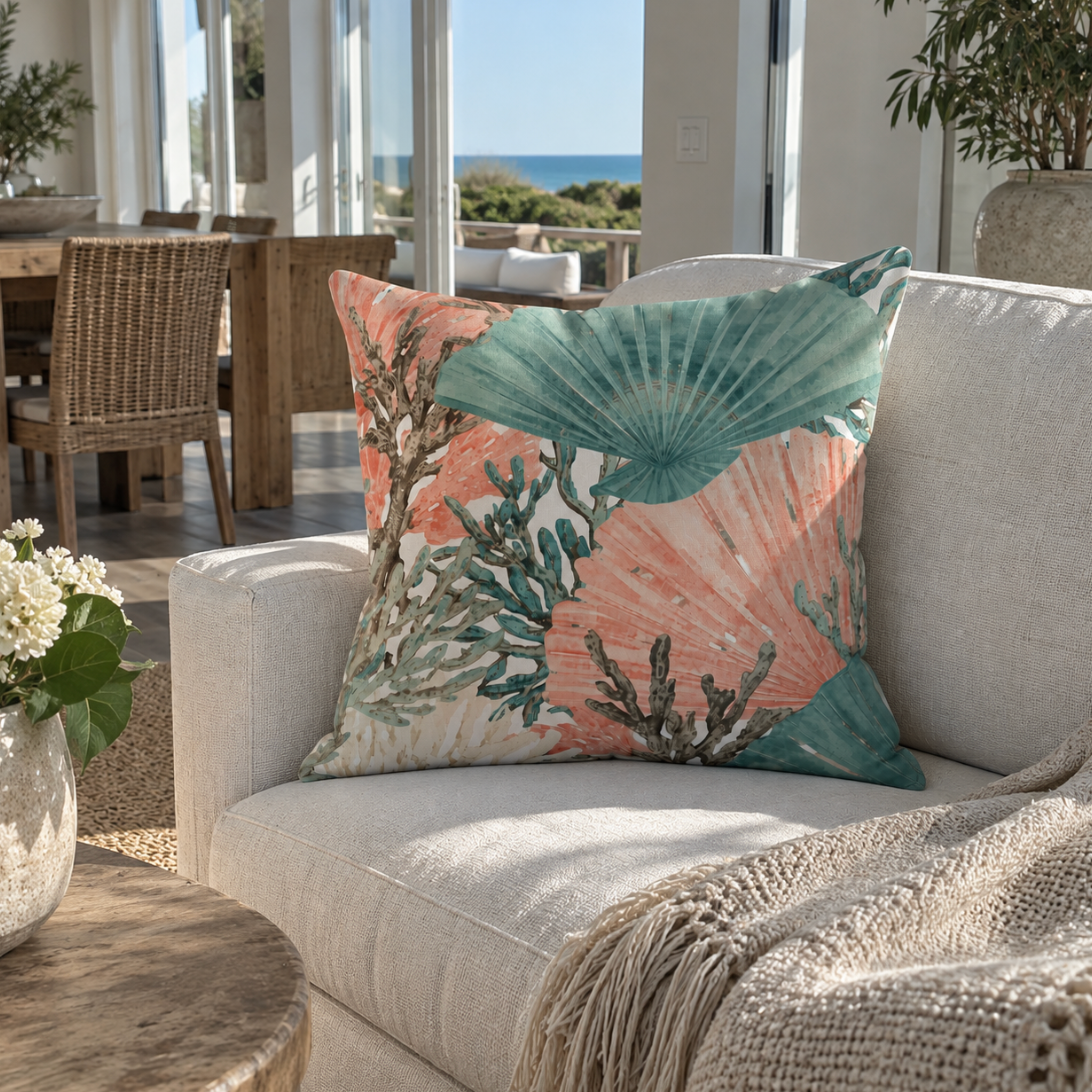 Coral and aqua tropical throw pillow for coastal home decor